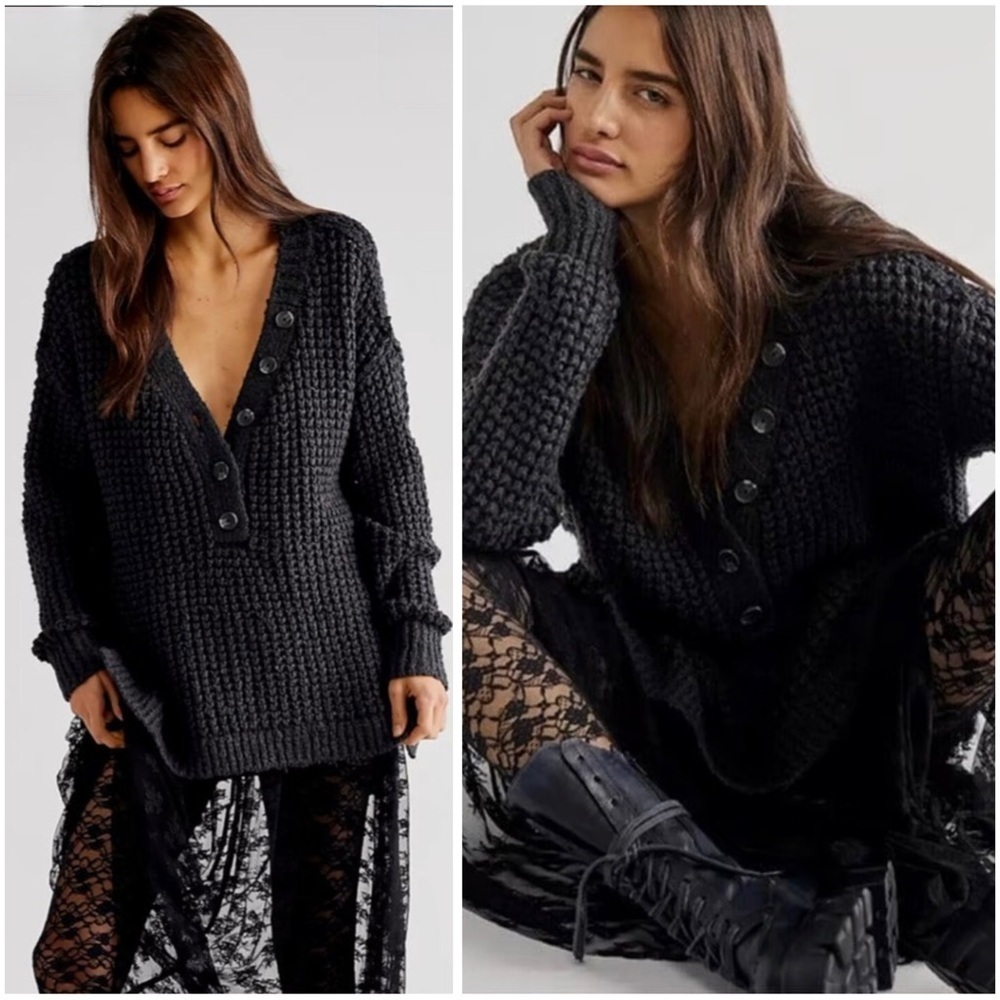 FREE PEOPLE Gray Oversized Chunky Ribbed Whistle Thermal Henley Sweater XS NWT